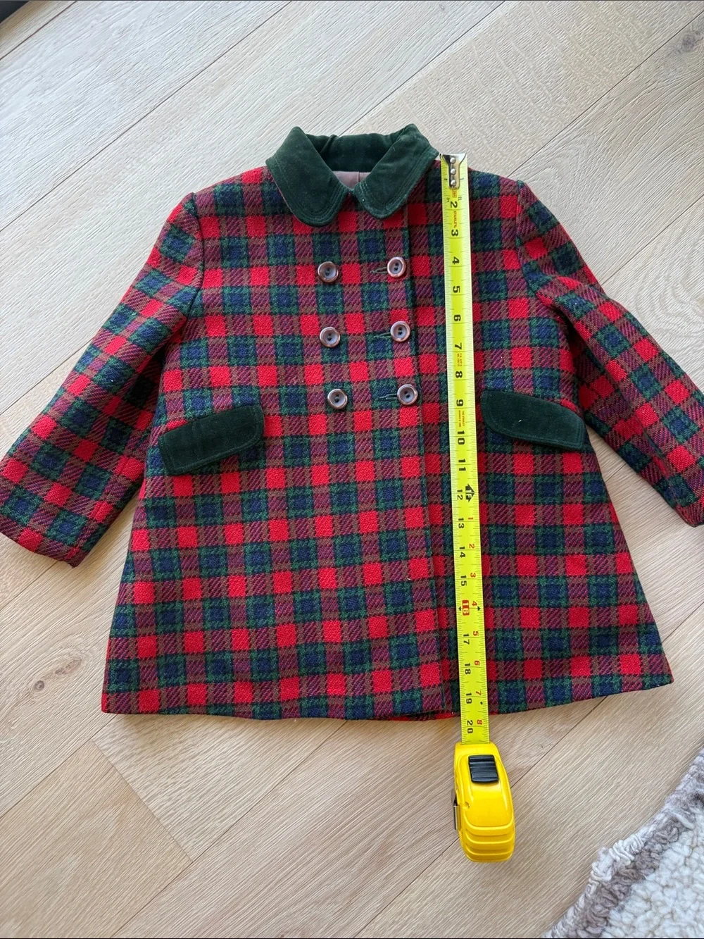 Vintage Kids Red & Green Plaid Double-Breasted Coat wool 4-5y ❤️💚🖤👀